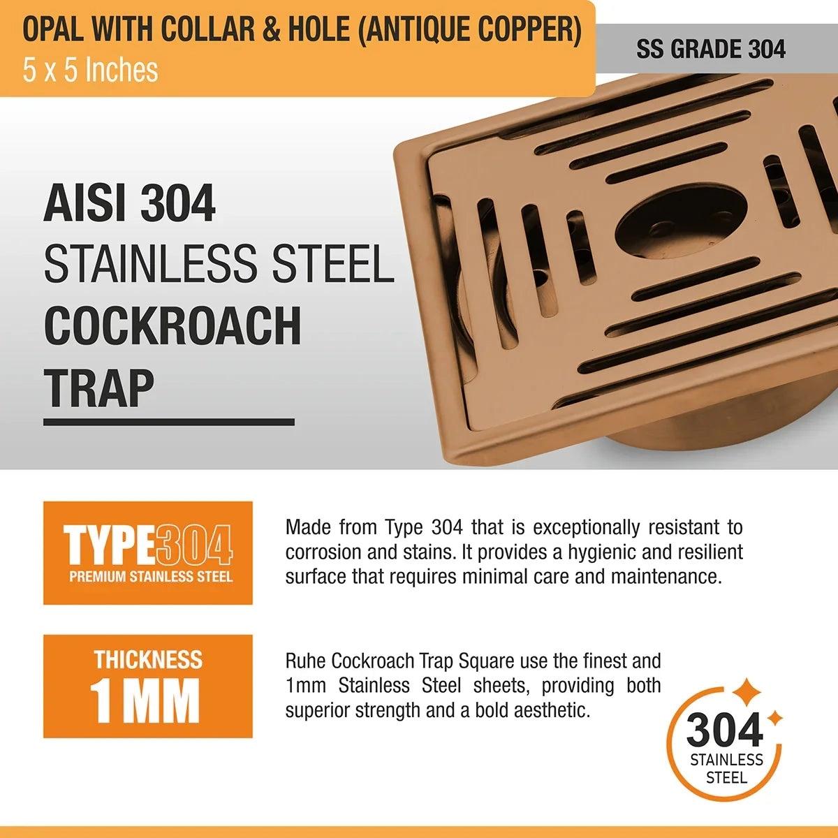 Ruhe Opal Square Flat Cut Floor Drain in Antique Copper PVD Coating 5 x 5 Inches with Hole 4