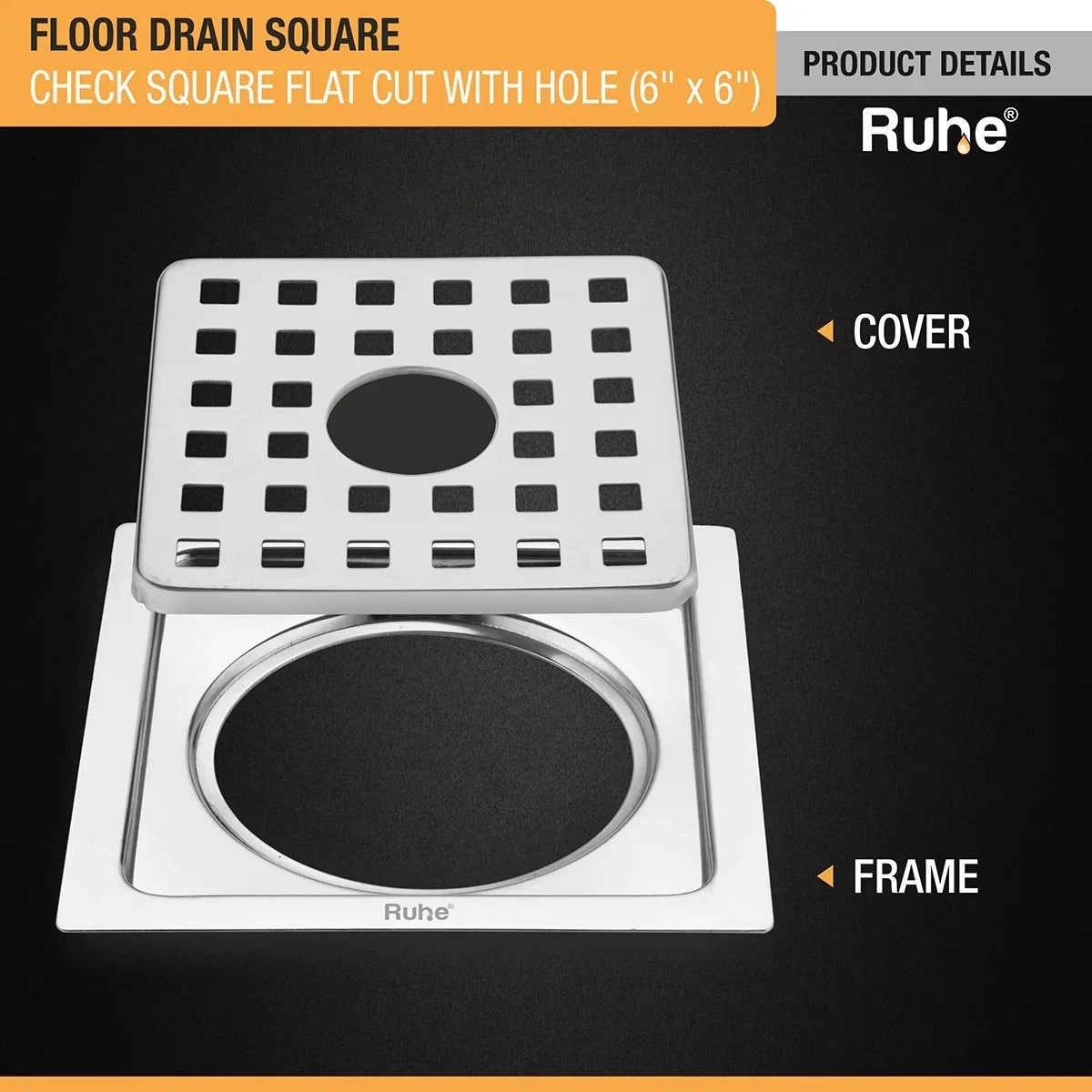Ruhe Check Square Flat Cut Floor Drain with Hole by Ruhe : Colours available: Silver 3 3
