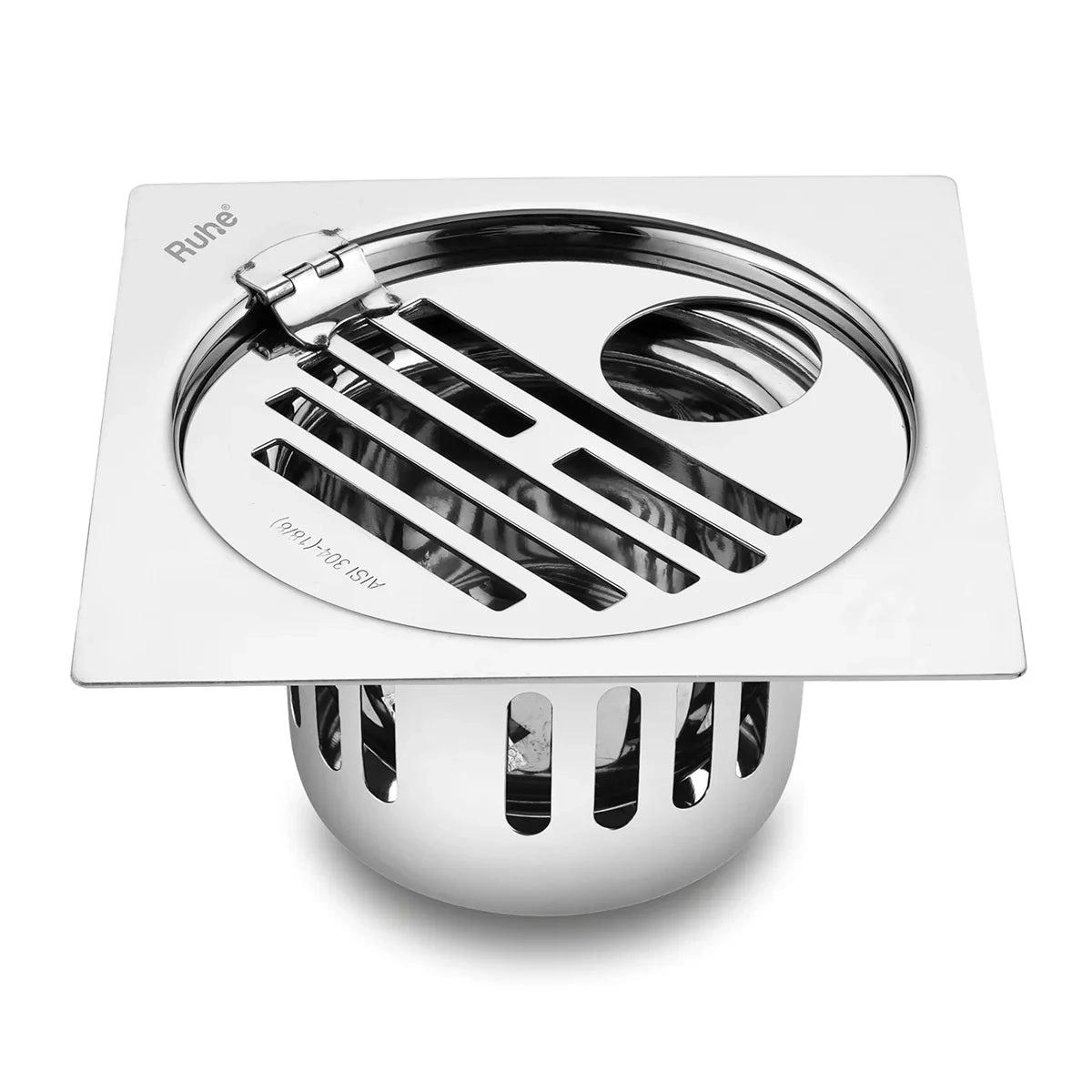 Ruhe Classic Square Flat Cut 304-Grade Floor Drain with Hinge Hole and Cockroach Trap - 5 x 5 Inches