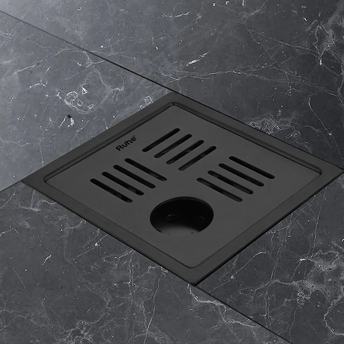 Ruby Square 304-Grade Floor Drain in Black PVD Coating 6 x 6 Inches with Hole by Ruhe : Colours available: Black 2 6