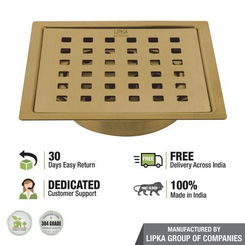 Lipka Red Exclusive Square Flat Cut Floor Drain in Yellow Gold PVD Coating (5 x 5 Inches) with Cockroach Trap 4
