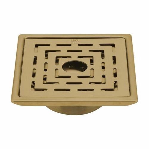Lipka Orange Exclusive Square Floor Drain in Yellow Gold PVD Coating (6 x 6 Inches) with Hole & Cockroach Trap