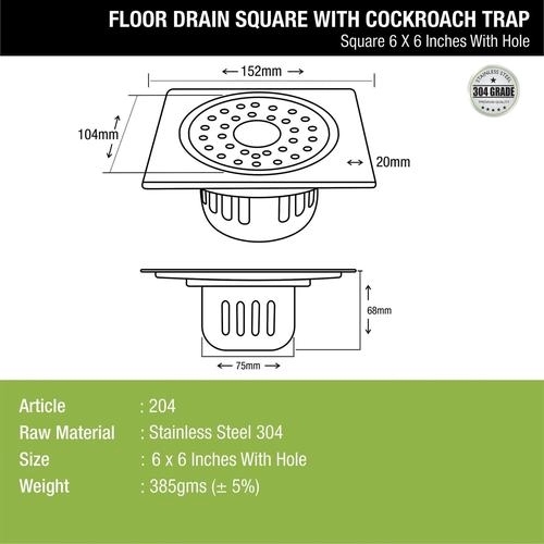 Lipka Square Floor Drain (6 x 6 Inches) with Hole and Cockroach Trap 1