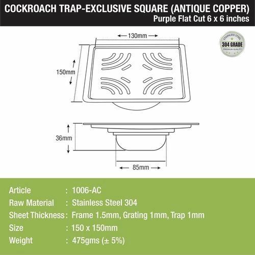 Lipka Purple Exclusive Square Flat Cut Floor Drain in Antique Copper PVD Coating (6 x 6 Inches) with Cockroach Trap 1