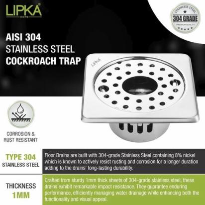 Lipka Square Floor Drain (5 x 5 Inches) with Lock, Hole and Cockroach Trap 3