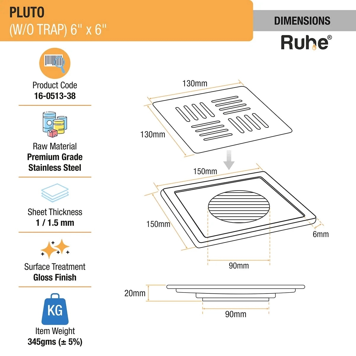 Ruhe Pluto Square Premium Floor Drain 6 x 6 Inches by Ruhe 4 1