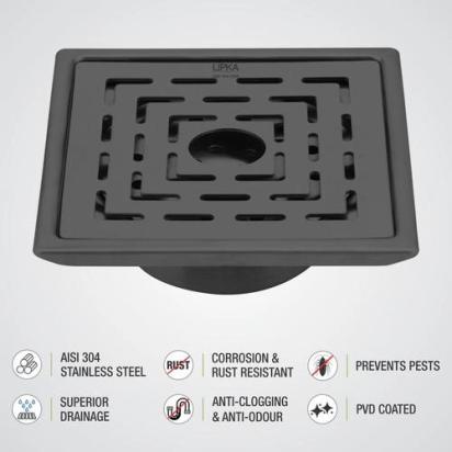 Lipka Orange Exclusive Square Floor Drain in Black PVD Coating (5 x 5 Inches) with Hole & Cockroach Trap 3