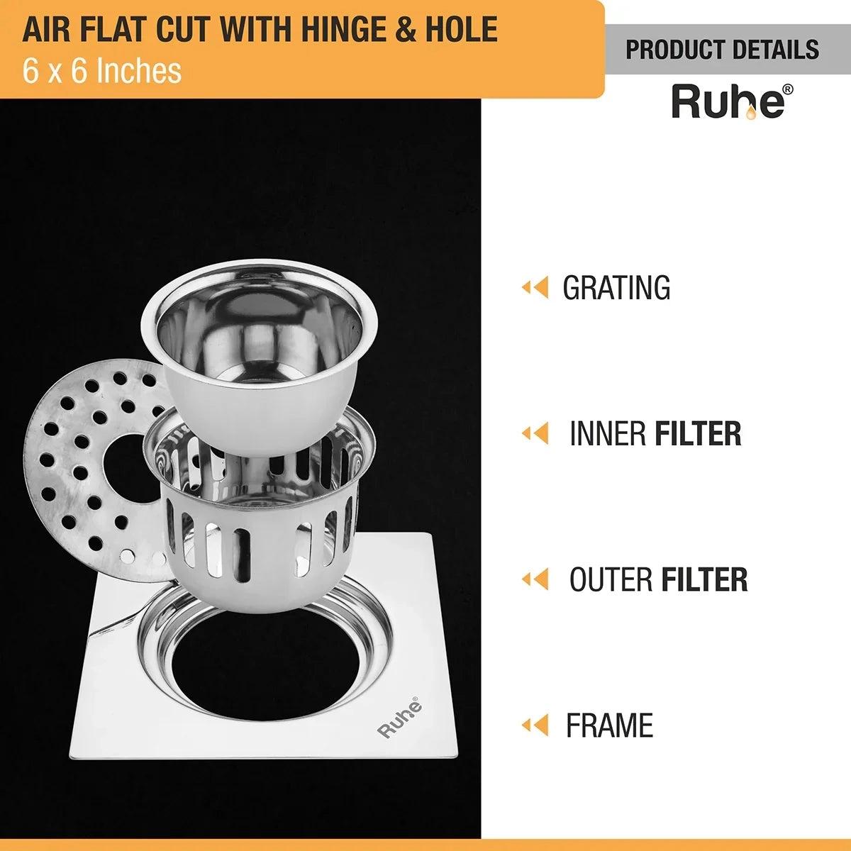 Ruhe Air Square Flat Cut 304-Grade Floor Drain with Hinge Hole and Cockroach Trap - 6 x 6 Inches 3