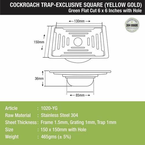 Lipka Green Exclusive Square Flat Cut Floor Drain in Yellow Gold PVD Coating (6 x 6 Inches) with Hole & Cockroach Trap 1