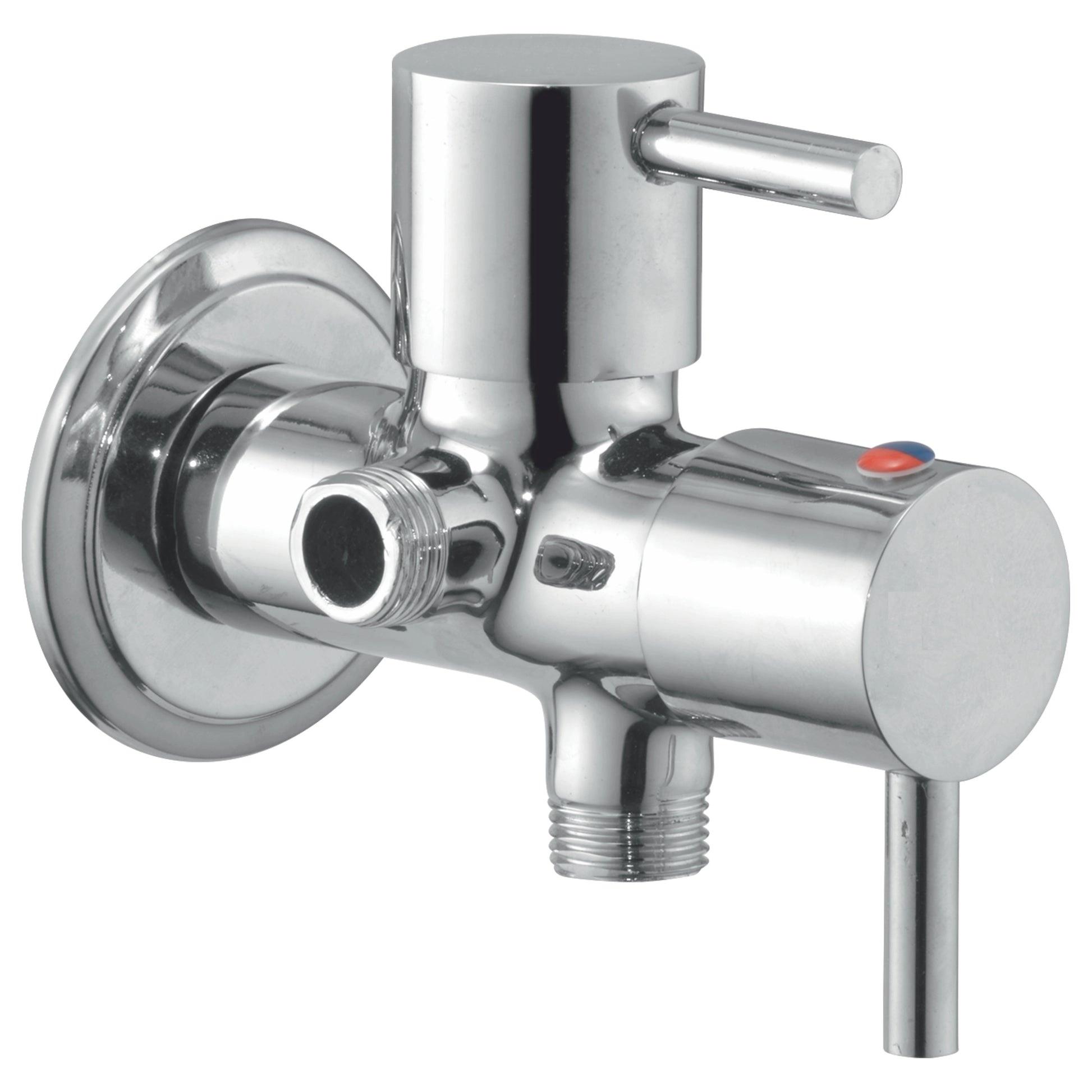 Aquieen 2-In-1 Angle Cock With Wall Flange In Chrome Finish | Heavy-Duty Brass Made | Fluid Series | Multi-Use Valve