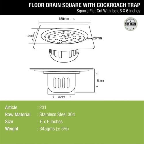 Lipka Square Flat Cut Floor Drain (6 x 6 Inches) with Lock and Cockroach Trap 1