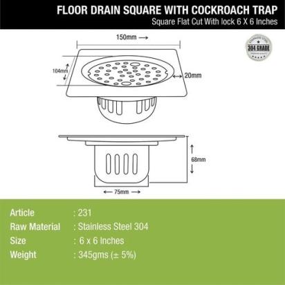 Lipka Square Flat Cut Floor Drain (6 x 6 Inches) with Lock and Cockroach Trap 1