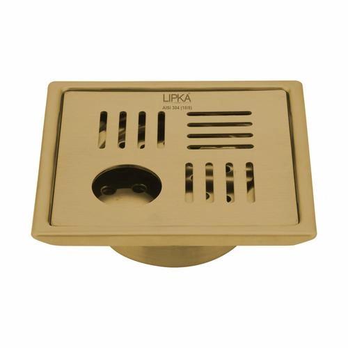 Lipka Pink Exclusive Square Floor Drain in Yellow Gold PVD Coating (5 x 5 Inches) with Hole & Cockroach Trap