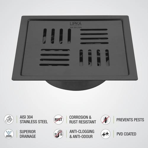 Lipka Pink Exclusive Square Flat Cut Floor Drain in Black PVD Coating (5 x 5 Inches) with Cockroach Trap 3