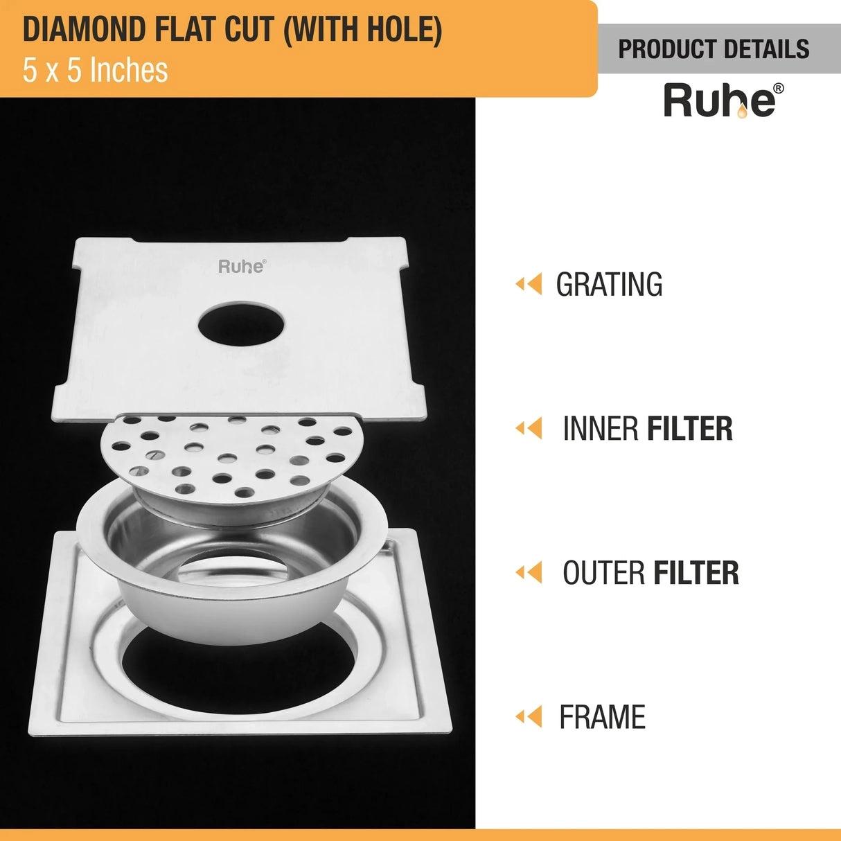 Ruhe Diamond Square Flat Cut 304-Grade Floor Drain with Hole And Cockroach Trap 5 x 5 Inches 2