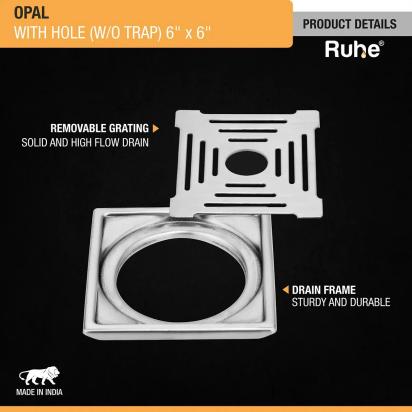 Ruhe Opal Square 304-Grade Floor Drain with Hole 6 x 6 Inches by Ruhe : Colours available: Silver 5 3
