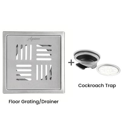 Aquieen 6x6 Inch Floor Grating / Drainer with Anti-Foul Cockroach Trap | Florin Design, In Matte Finish & SS304 Drainer | Anti-Clog & Drain Cover & Kitchen by Aquieen : Colours available: Chrome 1 1