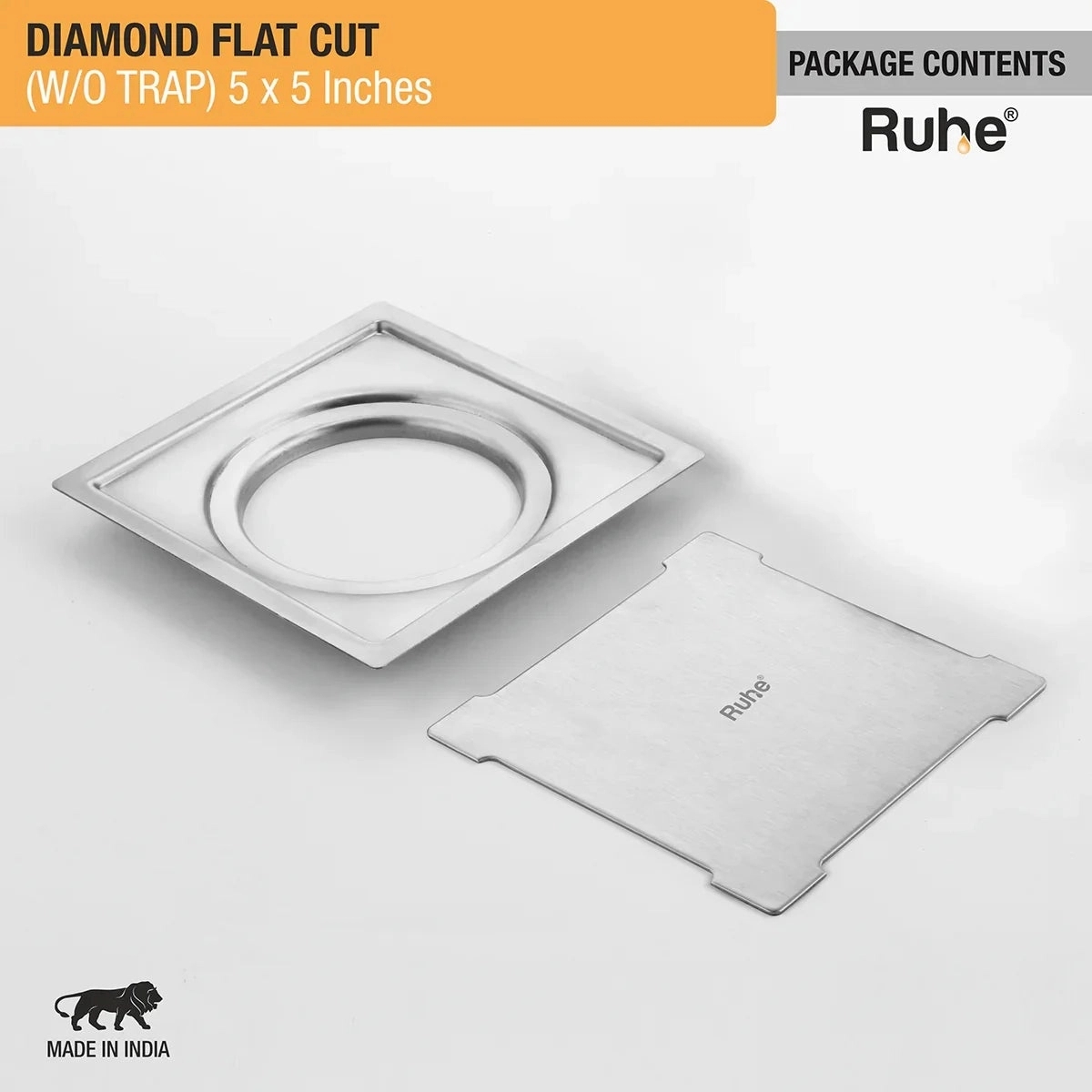 Diamond Square Flat Cut 304-Grade Floor Drain 5 x 5 Inches by Ruhe : Colours available: Silver 4 6