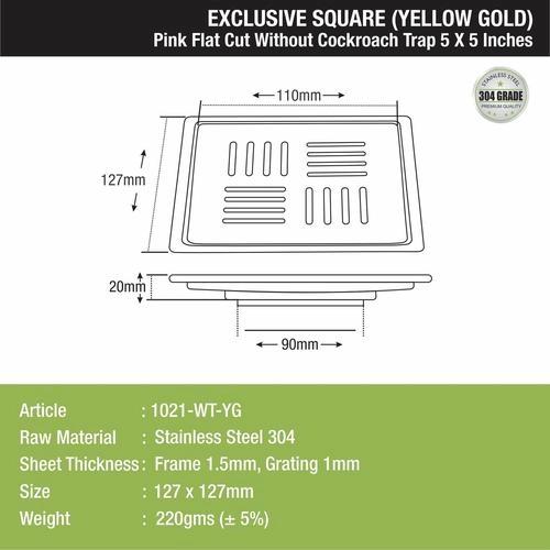 Lipka Pink Exclusive Square Flat Cut Floor Drain in Yellow Gold PVD Coating (5 x 5 Inches) 1