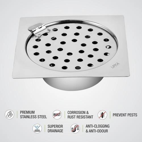 Lipka Super Sleek Square Flat Cut Floor Drain (5 x 5 Inches) with Hinge and Cockroach Trap 2