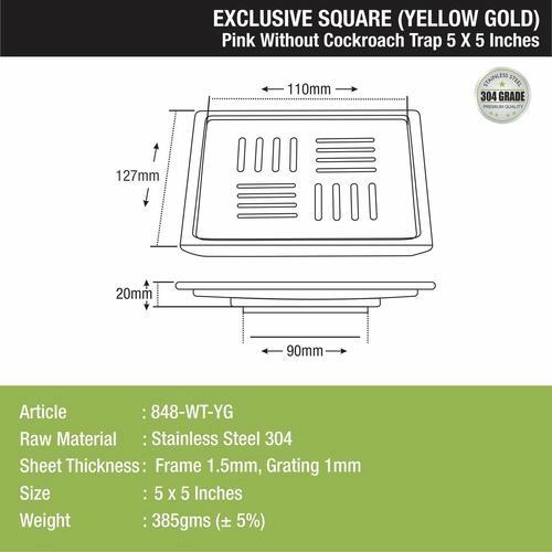 Lipka Pink Exclusive Square Floor Drain in Yellow Gold PVD Coating (5 x 5 Inches) 1