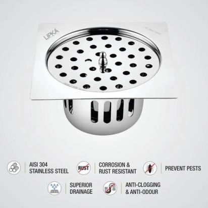 Lipka Square Flat Cut Floor Drain (5 x 5 Inches) with Lid and Cockroach Trap 2
