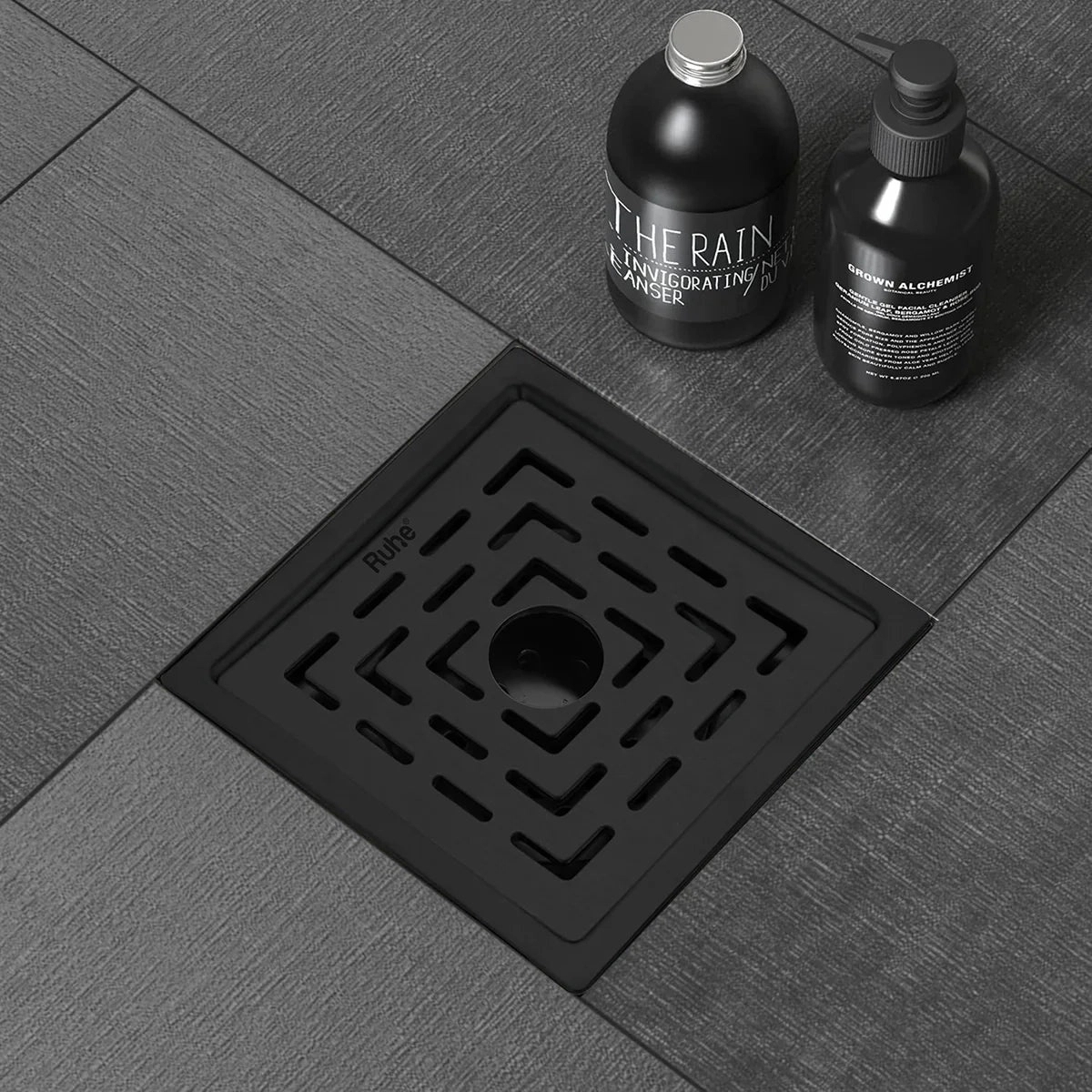 Ruhe Sapphire Square 304-Grade Floor Drain in Black PVD Coating - 5 x 5 inches by Ruhe : Colours available: Black 4 6
