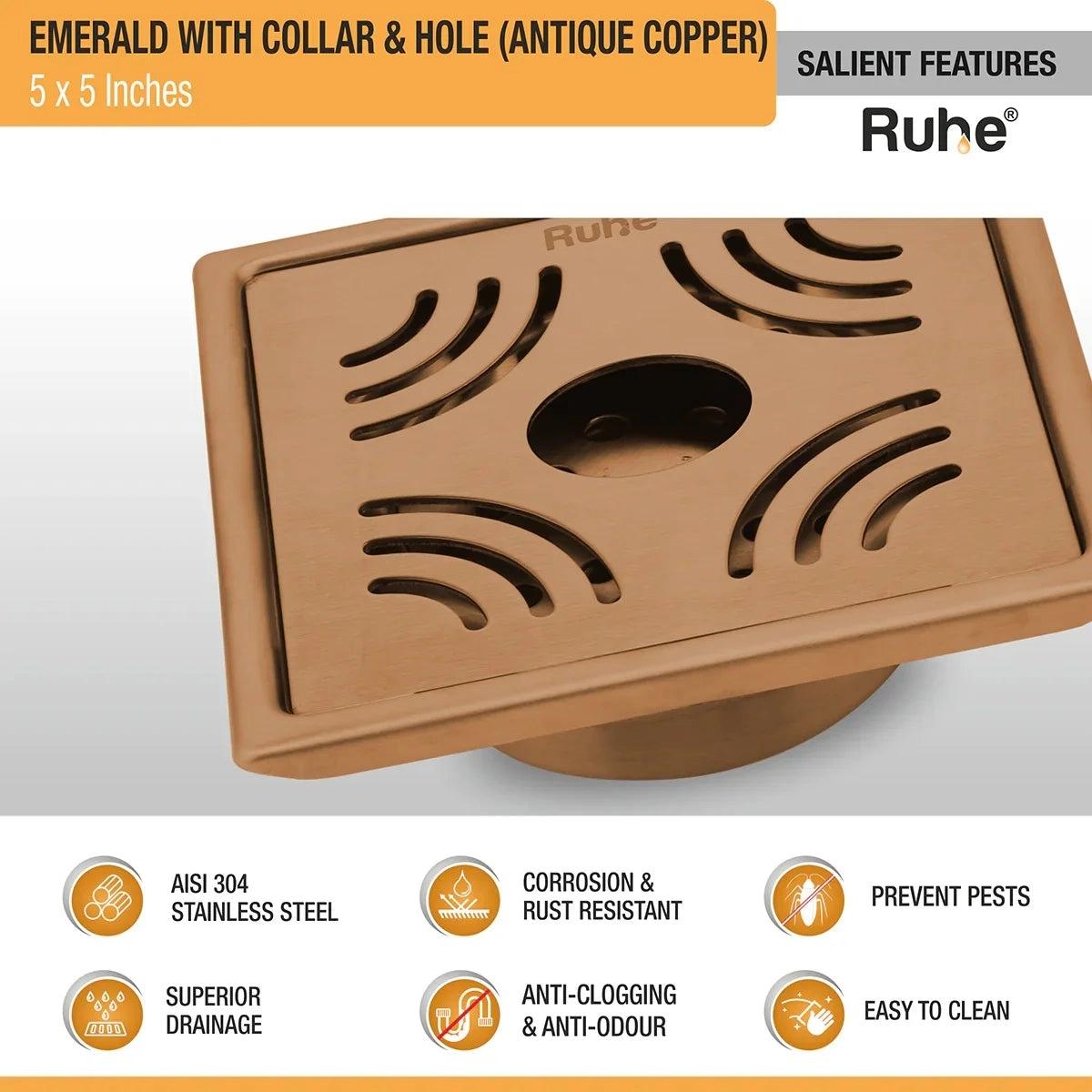 Ruhe Emerald Square Flat Cut Floor Drain in Antique Copper PVD Coating 5 x 5 Inches with Hole 3