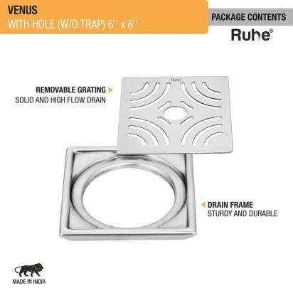 Ruhe Venus Square Premium Floor Drain with Hole - (6 x 6 Inches) by Ruhe : Colours available: Silver 2 2