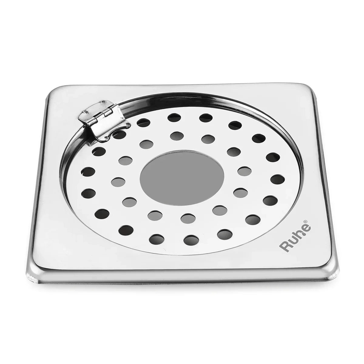 Ruhe Plain Neon Square Floor Drain 5 x 5 Inches With Hole and Hinged Grating Top by Ruhe : Colours available: Silver