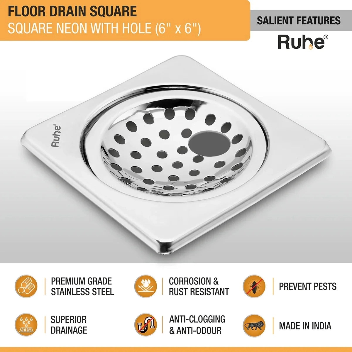 Ruhe Neon Square Floor Drain with Hole 6 x 6 Inches by Ruhe : Colours available: Silver 2 2
