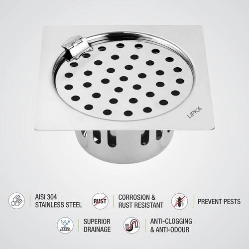 Lipka Square Flat Cut Floor Drain (6 x 6 Inches) with Hinge and Cockroach Trap 2