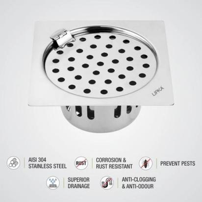 Lipka Square Flat Cut Floor Drain (6 x 6 Inches) with Hinge and Cockroach Trap 2