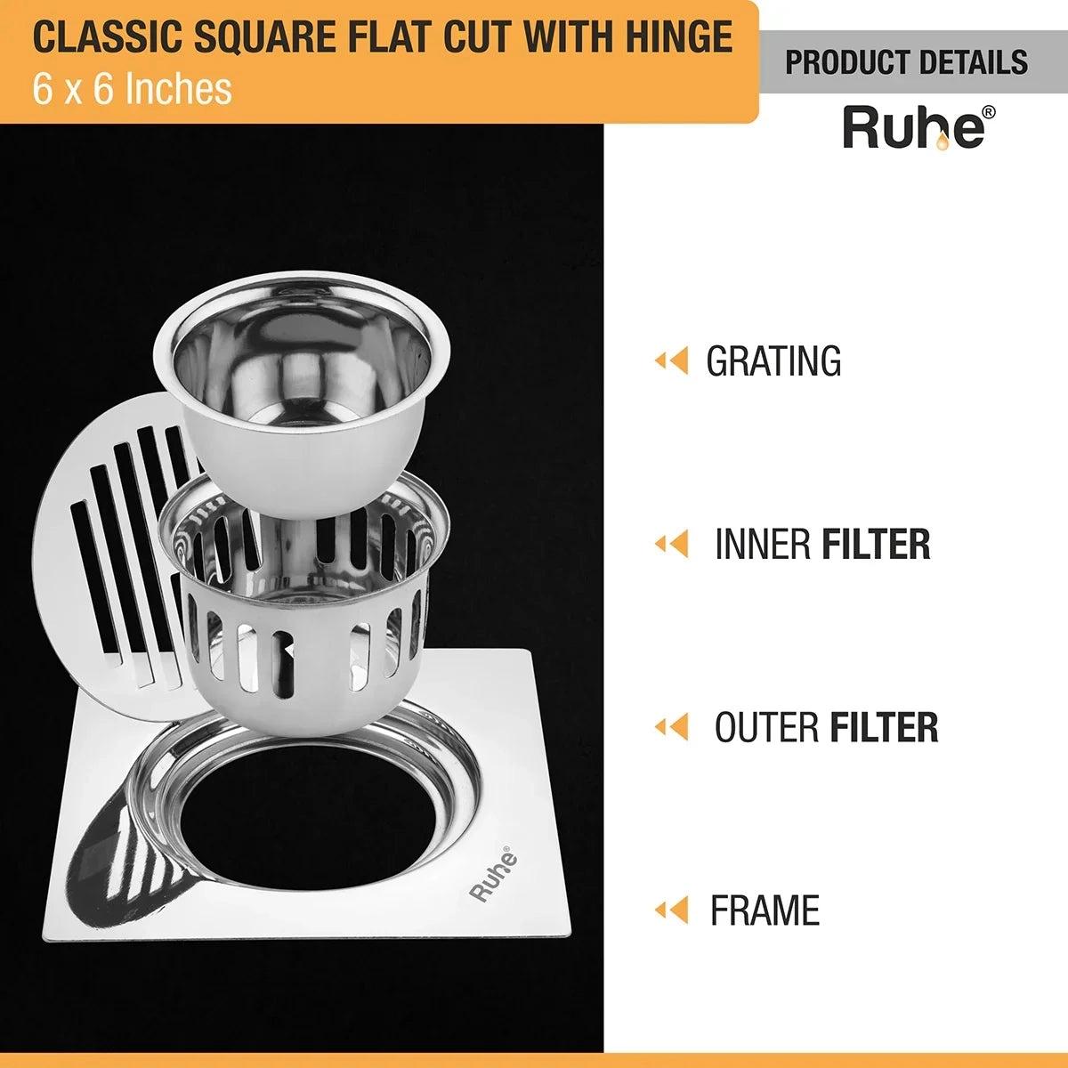 Ruhe Classic Square Flat Cut 304-Grade Floor Drain with Hinge and Cockroach Trap - 6 x 6 Inches 3