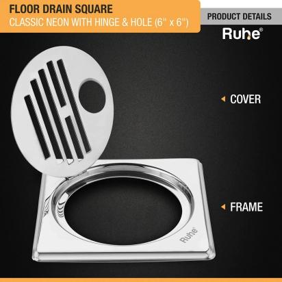 Ruhe Classic Neon Square Floor Drain 6 x 6 Inches With Hole And Hinged Grating Top by Ruhe : Colours available: Silver 3 3