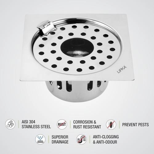 Lipka Square Flat Cut Floor Drain (5 x 5 Inches) with Hinge, Hole and Cockroach Trap 2