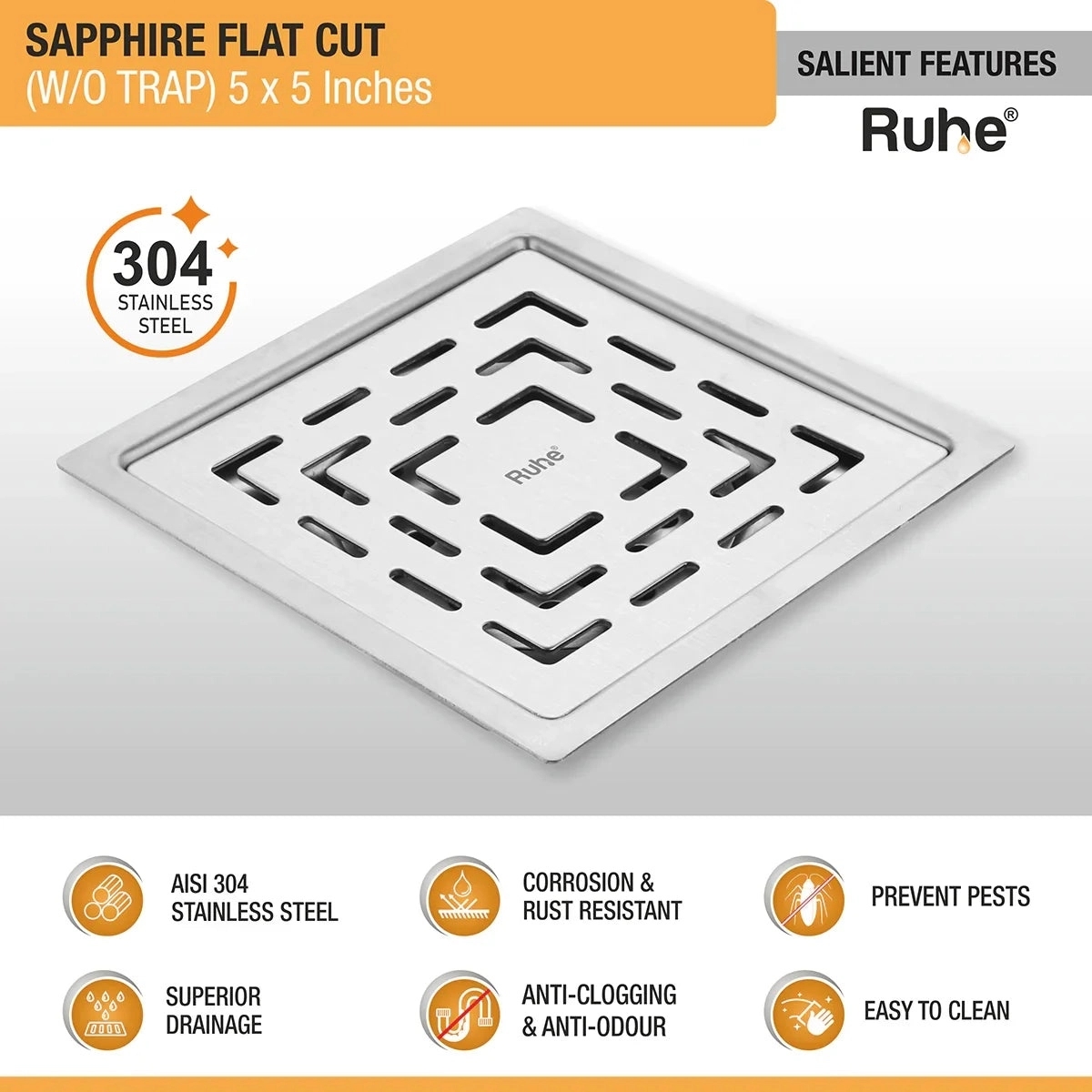 Ruhe Sapphire Square Flat Cut 304 Grade Floor Drain - (5 x 5 Inches) by Ruhe : Colours available: Silver 6 2