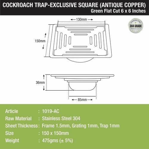 Lipka Green Exclusive Square Flat Cut Floor Drain in Antique Copper PVD Coating (6 x 6 Inches) with Cockroach Trap 1