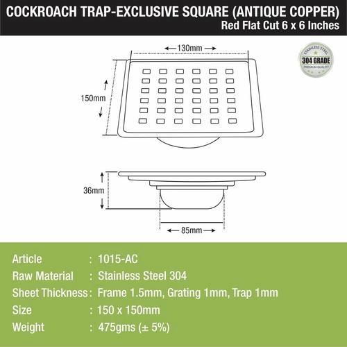 Lipka Red Exclusive Square Flat Cut Floor Drain in Antique Copper PVD Coating (6 x 6 Inches) with Cockroach Trap 1