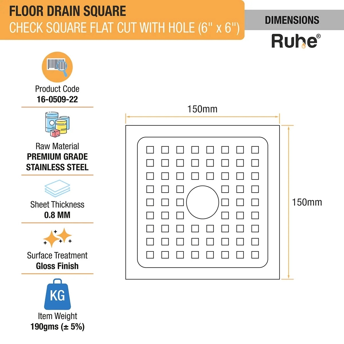 Ruhe Check Square Flat Cut Floor Drain with Hole by Ruhe : Colours available: Silver 1 1