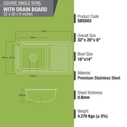 Lipka Square Single Bowl Kitchen Sink with Drainboard (32 x 20 x 8 Inches) 2