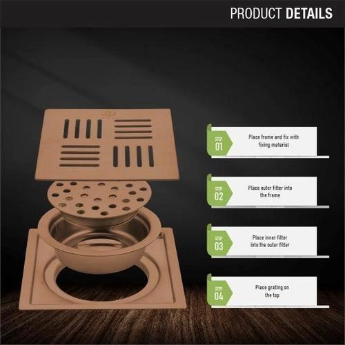 Lipka Pink Exclusive Square Flat Cut Floor Drain in Antique Copper PVD Coating (6 x 6 Inches) with Cockroach Trap 2