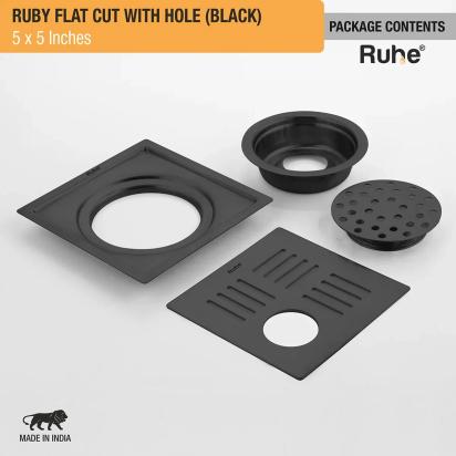Ruhe Ruby Square Flat Cut Floor Drain in Black PVD Coating with Hole - 5 x 5 inches by Ruhe : Colours available: Black 1 6
