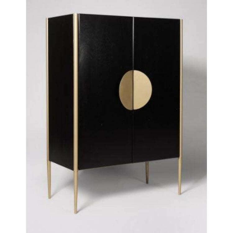 Asian Arts Modern Black Bar Cabinet with Brass Accents | Contemporary Liquor Storage