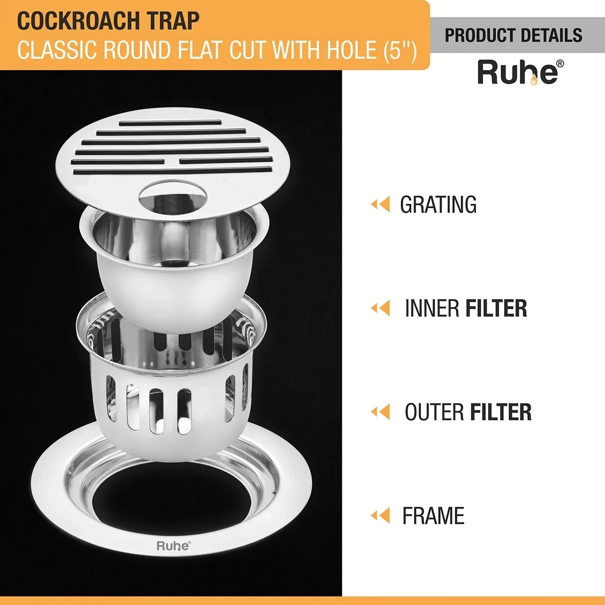 Ruhe Classic Round Flat Cut 304-Grade Floor Drain with Hole and Cockroach Trap - 5 Inches by Ruhe : Colours available: Silver 3 3
