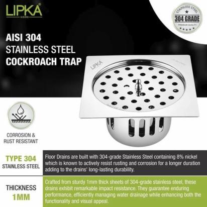 Lipka Square Flat Cut Floor Drain (5.5 x 5.5 Inches) with Lid and Cockroach Trap 3