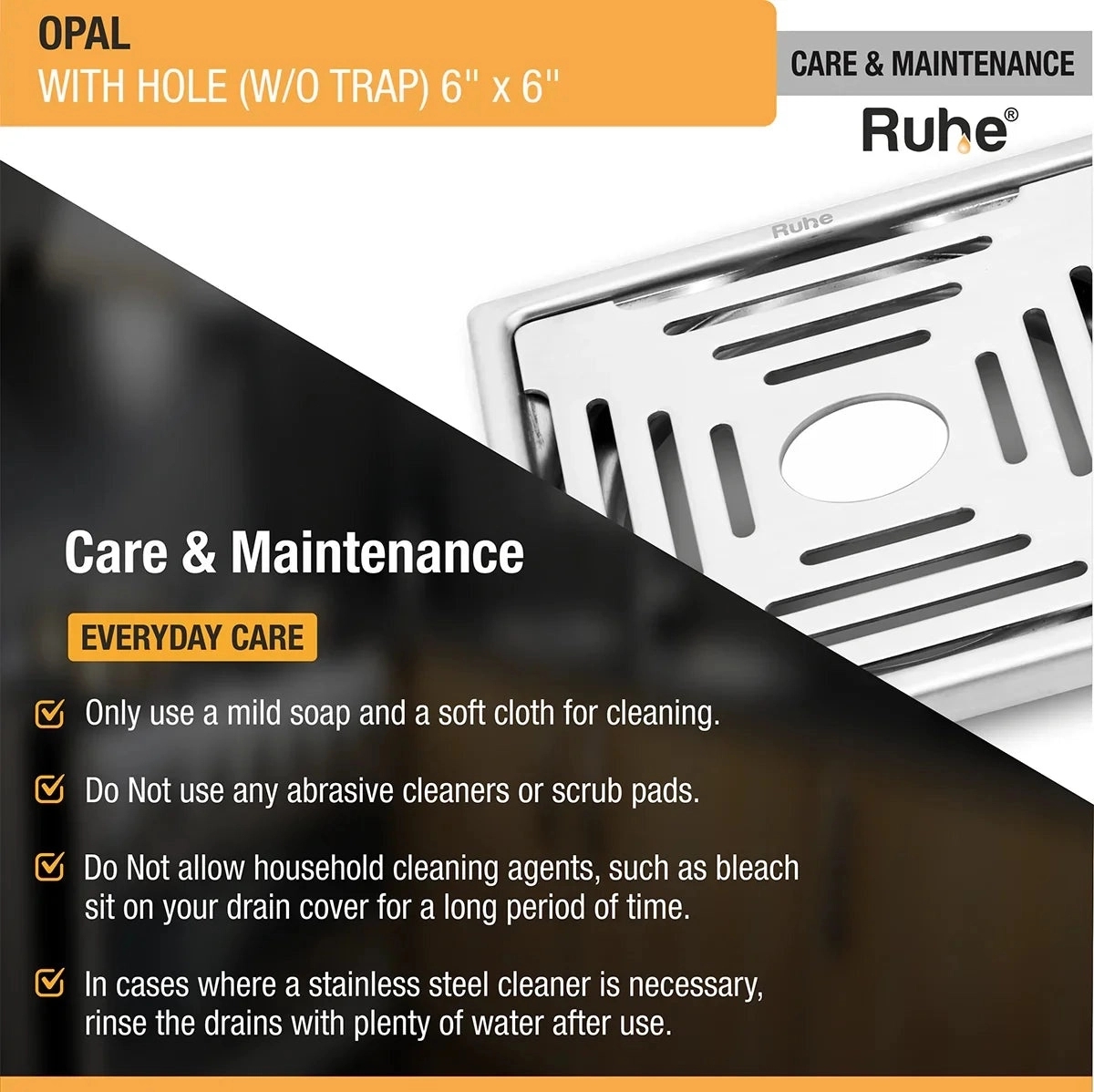 Ruhe Opal Square 304-Grade Floor Drain with Hole 6 x 6 Inches by Ruhe : Colours available: Silver 1 5