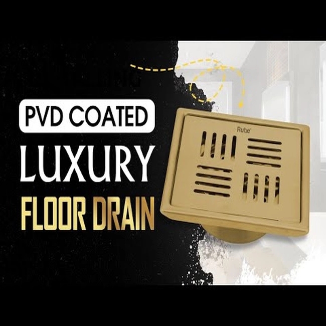 Ruhe Ruby Square Flat Cut Floor Drain in Yellow Gold PVD Coating - 5 x 5 Inches by Ruhe : Colours available: Gold 3 6