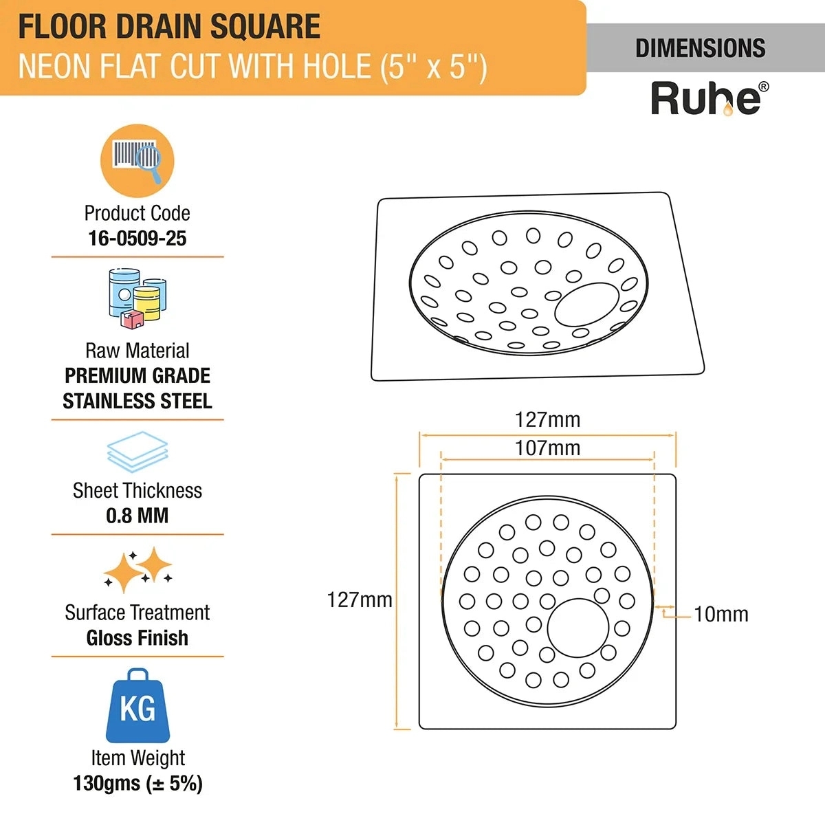 Ruhe Square Neon Floor Drain Square Flat Cut 5 x 5 Inches With Hole by Ruhe : Colours available: Silver 1 1