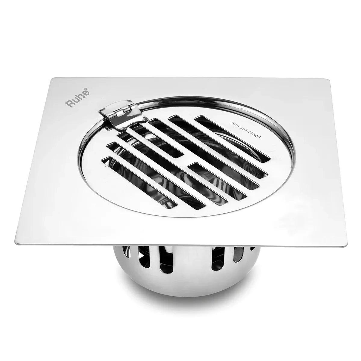 Ruhe Classic Square Flat Cut 304-Grade Floor Drain with Hinge and Cockroach Trap - 6 x 6 Inches